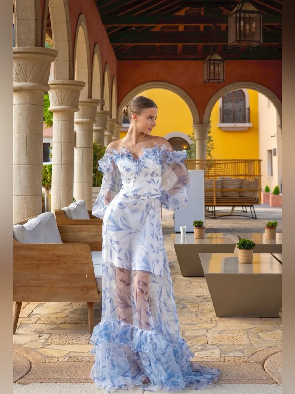 AW . BRIDAL Sheer Blue Floral Off-Shoulder Maxi Dress